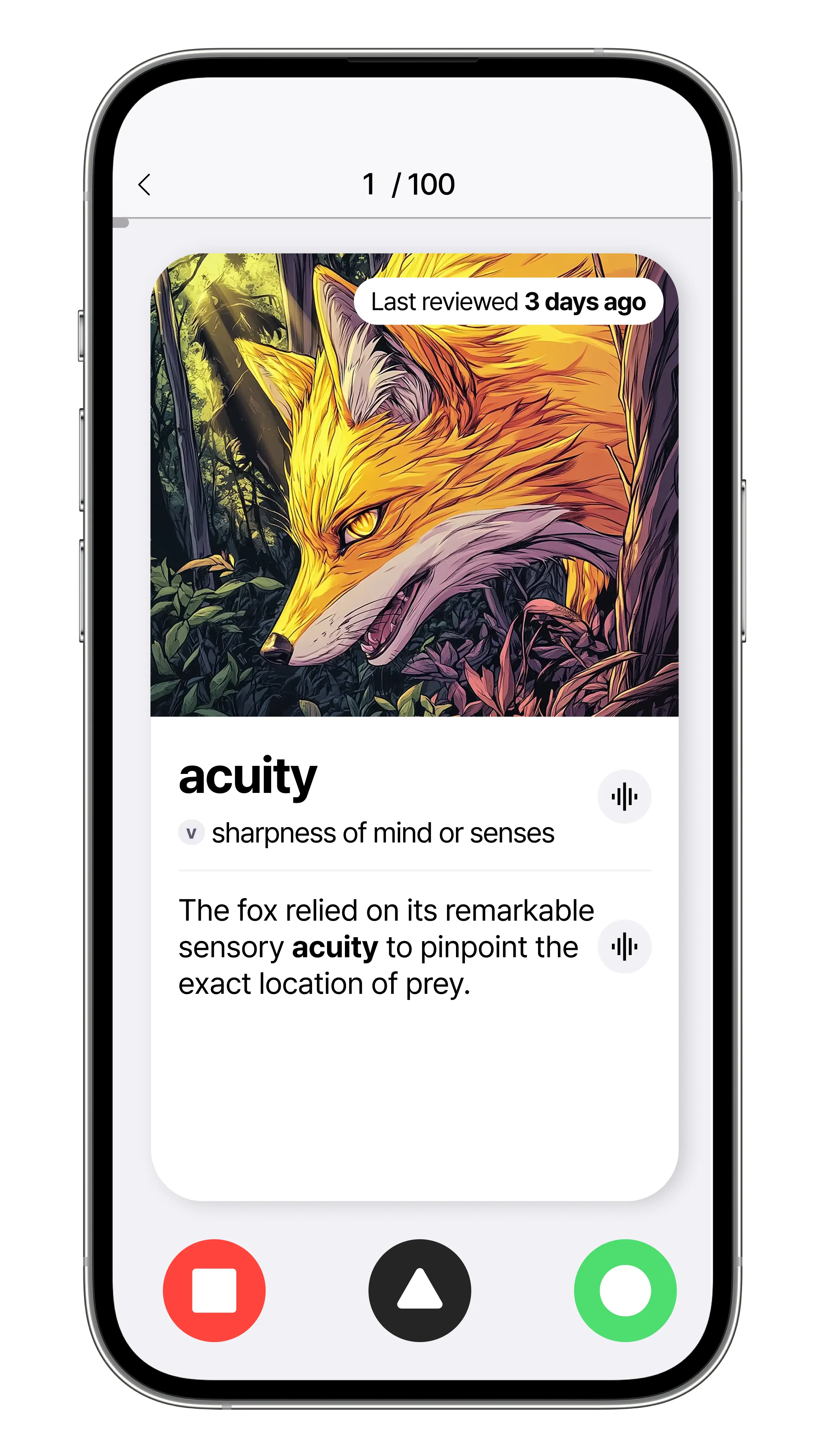 Mobile app screenshot demonstrating fast image-based GRE vocabulary flashcard learning interface